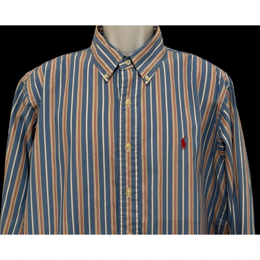 Vintage Ralph Lauren Men Shirt XL Blue Multi Stripe Red Pony Button Down Classic